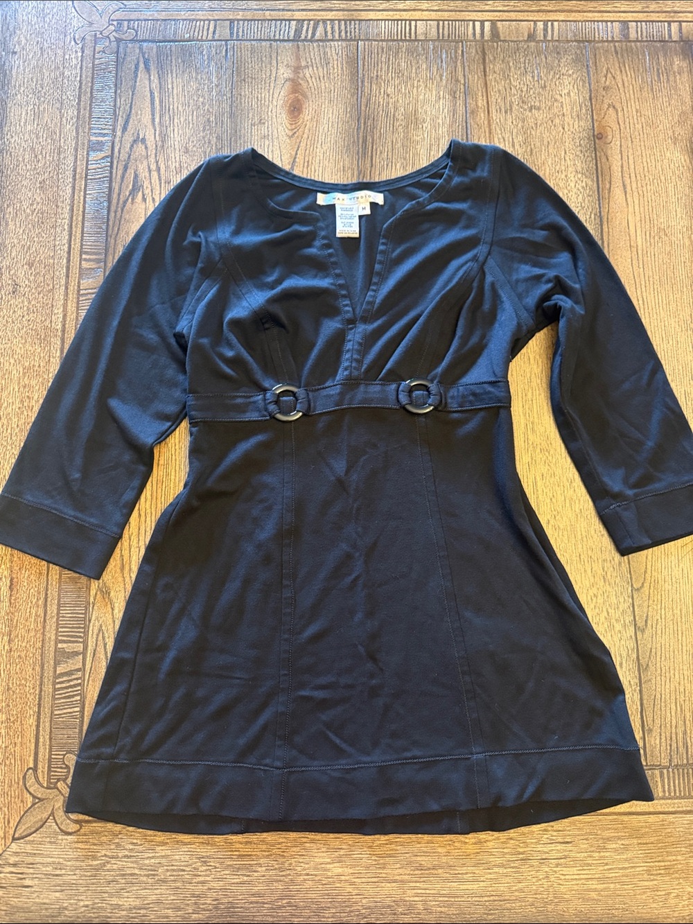 Max Studio Black Three Quarter Sleeve V-Neck Belted Empire Dress
